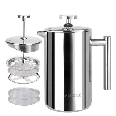 Secura French Press Coffee Maker 304 Grade Stainless Steel Insulated Coffee Press with 2 Extra Screens 12oz 035 Litre Silver SFP12DS