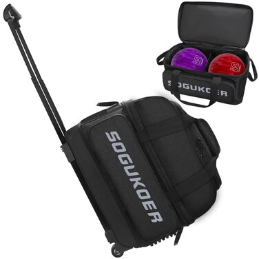 SOGUKOER Double Wheel Trolley Bowling Bag Double Roller 2 Ball Bowling Can Be Placed Shoes Retractable Handle Extends to 40