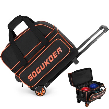SOGUKOER 2 Ball Bowling Bag with Wheels Lightweight Trolley Double Ball Bowling with Large Separate Shoe Compartment and Oversized Accessory Pocket Retractable Handle Extends To 395
