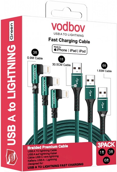 VODBOV Right Angle iPhone Charger Cable 3Pack 1ft 3ft 6ft Mfi Certified 90 Elbow USB A to Lightning Braiding Apple Cords Blue