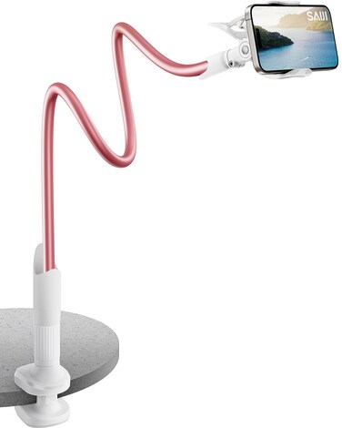 SAIJI Gooseneck Cell Phone Stand Universal Clamp Lazy Mount Clip Hands Free Flexible Long Arm Bracket Grip for 4063 Phones Mobile Stand Baby Monitor for Desk Bed Office Kitchen Rose Gold