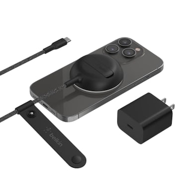 Belkin BoostCharge Pro Portable Wireless Charger Pad with MagSafe Fast charging up to 15W Popup stand for flawless compatibility with iPhone 14 13 and iPhone 12 series PSU not included  White