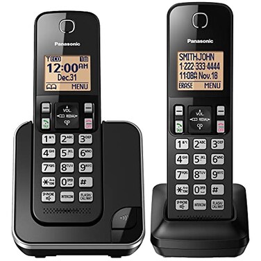 Panasonic Expandable Cordless Phone System with Amber Backlit Display  2 Handsets  KXTGC352B Black