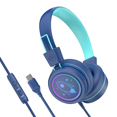 MEE audio KidJamz KJ55 Safe Listening USBC Headphones for Children with Multicolor LED Lights Volume Limiter  Microphone OnEar Wired Kids Headset for iPhone 16 iPad  USB Type C Devices Blue