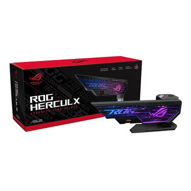 ASUS ROG Herculx Graphics Card AntiSag Holder Bracket Solid Zinc Alloy Construction Easy Toolless Installation Included Spirit Level Adjustable Height Wide Compatibility Aura Sync RGB