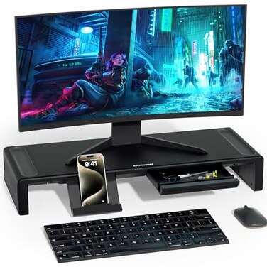 OImaster Monitor Stand Riser Foldable Computer Monitor Riser Adjustable Height Computer Stand and Storage Drawer  Pen Slot Phone Stand with Computer Desktop Laptop Save Space Black