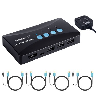 TCNEWCL KVM Switch 4 Port HDMI KVM Switcher 4Kx2K30Hz for 4 Computers Sharing 1 HD Monitor and 3 USB Devices Keyboard Mouse PrinterIncluding 4KVM Cables 1 Wire Desktop Controller