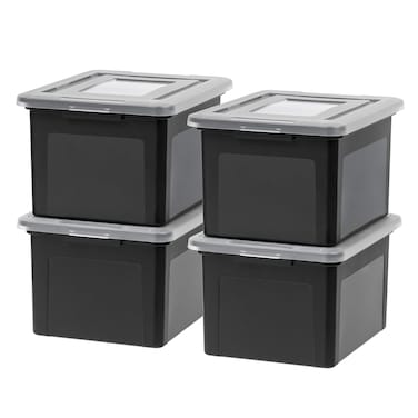 IRIS USA LetterLegal File Tote Box 4 Pack BPAFree Plastic Storage Bin Tote Organizer with Durable and Secure Latching Lid Stackable and Nestable BlackClear