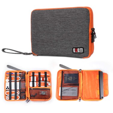 BUBM Three Layer Electronics Organizer and Travel Organizer for Tablet Cables and Chargers Size XL Fit up to 10 Tablets Grey and Bright Orange