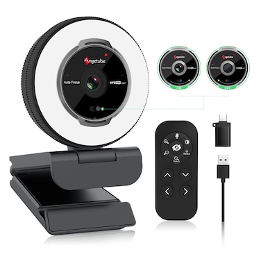 Angetube Streaming Webcam with Microphone 1080P 60FPS USB Web Cam with Ring Light and Remote Control  HD Web Camera with 5X Digital Zoom Built in Privacy Coverfor PCComputerLaptopMacDesktop