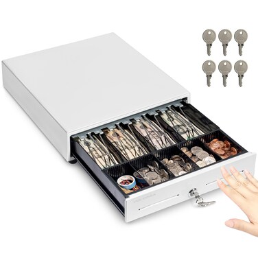 Volcora 13 Manual Push Open Cash Register Drawer for Point of Sale POS System White Heavy Duty Till with 4 Bills and 5 Coin Slots Key Lock with Fully Removable Money Tray and Double Media Slots