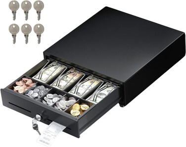 POS VALLEY 13 Electronic Auto Open Cash Register Drawer for Point of Sale System  4 Bill 5 Coin Cash Tray Removable Coin Compartment 24V RJ11RJ12 KeyLock 1 Media Slot for Small Shops Black