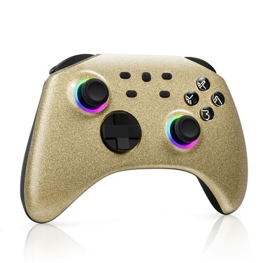 Mytrix Gold Wireless Switch Controller Compatible with Switch Windows PC iOS Android SteamSteam Deck Bluetooth Pro Controller with RGB Light Turbo Motion Vibration WakeUp Headphone Jack