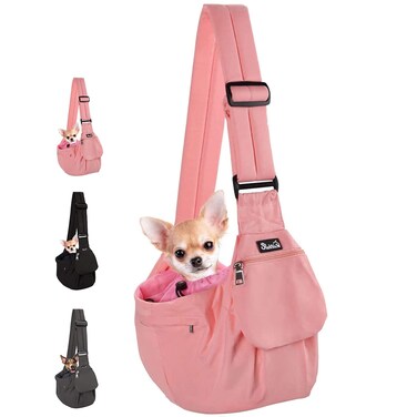 Lukovee Pet Sling Carrier Dog Papoose Hand Free Puppy Cat Carry Bag with Bottom Supported Adjustable Padded Shoulder Strap and Bag Opening Front Zipper Pocket Safety Belt for Small Dogs Pink