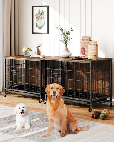 Dog Crate Furniture 2024 New Furniture Style Dog Crate with Removable Tray and Wheels HeavyDuty DoubleDoors Dog Cage End Table 272 Wooden Dog Kennel Indoor Dog House for Large Dogs Brown