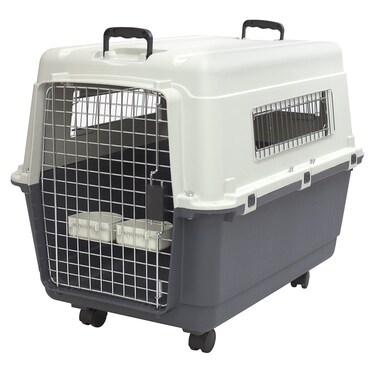 SPORT PET Designs Plastic Kennels Rolling Plastic Wire Door Travel Dog Crate Large Kennel Gray