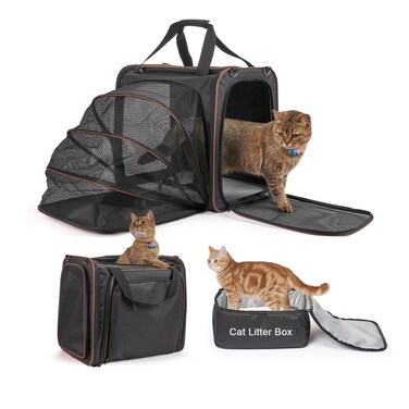 LitaiL Cat Travel Carrier with Litter Box for Car Expandable Cat Carrier with LeakProof Litter Box for Car Travel up to 20 lb to Road Trip Camping or Hotel Black