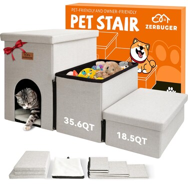 Dog Stairs Dog Steps for High Beds 175 H Folding Pet Stairs Gift for Small Medium Large Dogs Puppy with Storage for Bed Couch Dog Ramp for Car Hold Up to 200 lbs Beige Gray 3 Steps with Condo