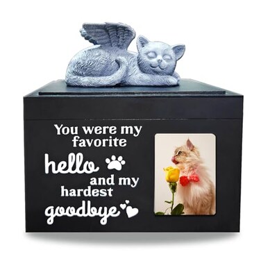 Atigrado Pet Urn for Cat Ashes Box Wooden Black Cat Urns for Ashes Pet Cremation Box Comes with Cat Angel