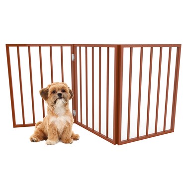 PETMAKER Pet Gate  3Panel Indoor Foldable Dog Fence for Stairs or Doorways  54x24Inch Retractable Wood Freestanding Dog Gates Mahogany