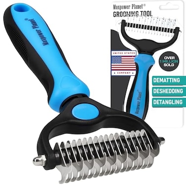 Maxpower Planet Pet Grooming Brush  Double Sided Shedding and Dematting Undercoat Rake Comb for Dogs and CatsExtra Wide Blue Dog Grooming Brush Dog Shedding Brush