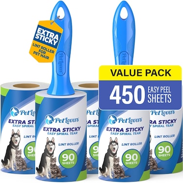PetLovers Extra Sticky Lint Roller Mega Value Set 450 Sheets for Pet Hair Removal Dog and Cat Lint Remover