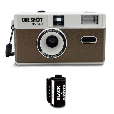 1 Shot Point and Shoot 35mm Film Camera Reusable Retro Half Frame Camera Built in Flash Included One Roll ASAISO 400 Black  White Film 18 Exp 36 Shots Battery Not Included Brown Color