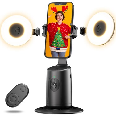 Auto Face Tracking Tripod 360 Rotation Auto Tracking Phone Holder with 2 Cold Shoes No App Rechargeable Phone Camera Mount with Remote and Gesture Control for Video Recording Black 2 Lights