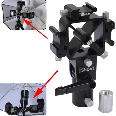 iShoot Universal 3in1 TriHot Shoe Mount Flash Bracket Holder with 2 Umbrella Hole for Light Stand Camera Tripod Reflective Umbrella Studio Flash Soft Box Speedlite Diffuser