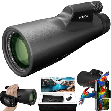 PYTHON OPTIC 12x52 Range Master UltraHD High Powered Monocular Telescope with Phone Holder Leather Bag Hand Strap Cap  Monoscope for Bird Watching Watching Wildlife  Stars and Hunting