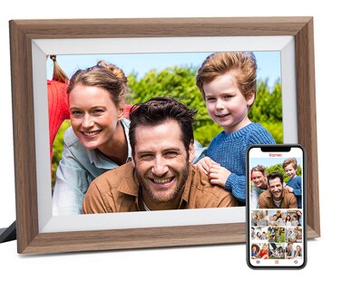 JHZL 101 Inch 16GB Smart WiFi Digital Picture Frame Danish Design Frameo App Send Photos or Small Videos from Anywhere Touchscreen IPS 1280x800 LCD Panel Portrait and LandscapeSolid Wood Frame