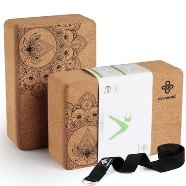 Overmont Cork Yoga Blocks 2 pack with 8ft Strap Set Natural Cork Yoga Bricks High Density  Eco Friendly Yoga Accessories for Women  Ideal for Yoga Pilates General Fitness and Stretching 9x6x3