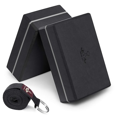 Heathyoga Yoga Blocks 2 Pack with Strap High Density EVA Foam Yoga Block and Yoga Strap Set to Support and Improve Poses and Flexibility Black