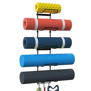 Kesito Yoga Mat Holder Wall Mount Wall Rack Organizer Storage Foam Roller and Block with 5 Sectional and 3 Hooks for Hanging Yoga Strap Resistance Bands at Fitness Class or Home Gym DecorBlack