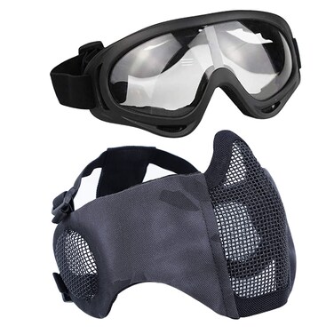 AOUTACC Airsoft Protective Gear Set Half Face Mesh Mask with Ear Protection and Tactical Goggles for Adult Men Women BBS Paintball Shooting CS Survival Games Cosplay