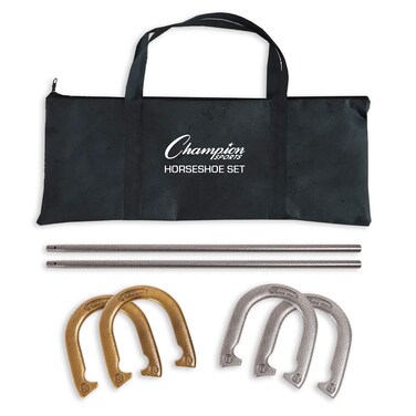 Champion Sports Horseshoe Set Traditional Outdoor Lawn Game includes Four Professional Solid Steel Horseshoes with Solid Steel Stakes  Carrying Storage Case
