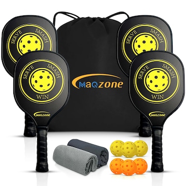 MaQZone Pickleball Paddles Set of 4 USAPA Approved Pickle Ball Racket 6 Pickleball Balls 2 Cooling Towels  Carry Bag Wooden Pickleball Paddles with Ergonomic Cushion Grip Outdoor Pickleball Set