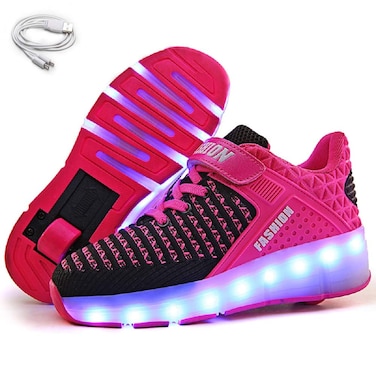 Ehauuo Kids Wheels Shoes with Lights Rechargeable Roller Skates Shoes USB Charging Retractable Wheels Shoes LED Flashing Sneakers for Unisex Girls Boys Beginners Gift