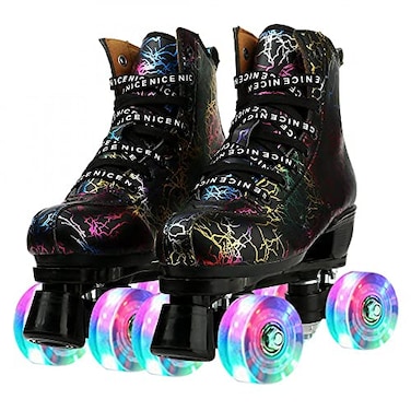 Women Roller Skates Classic Hightop Outdoor Skate Roller LightUp FourWheel Lightning Pattern Shiny Roller Skates for Adult Women Men with Shoe Bag