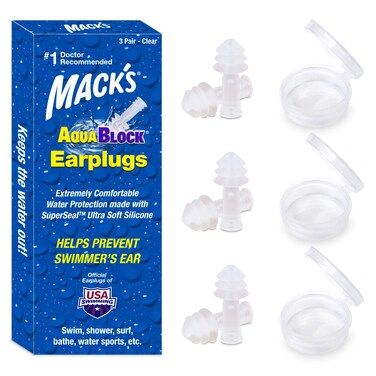 Macks AquaBlock Swimming Earplugs 3 Pair  Comfortable Waterproof Reusable Silicone Ear Plugs for Swimming Snorkeling Showering Surfing and Bathing Clear