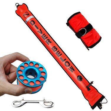 JZLiner DSMB Surface Marker Buoy with 100ft Finger Spool Reel Diver Below Signal Flag Tube Scuba Diving Equipment Open Bottom Set