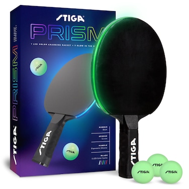 STIGA Prism LED Ping Pong Paddle  5 LED Color Cycles  Color Gradient Mode  Includes 3 GlowinTheDark Balls  15mm Sponge with Smooth Rubber  Silicone Grip for Max Control
