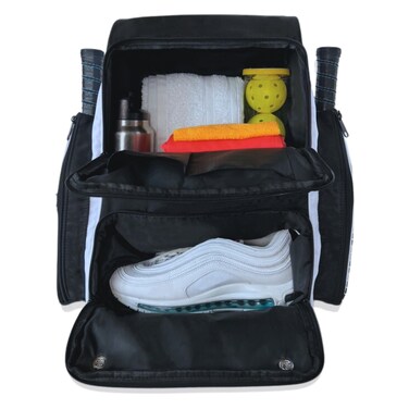 OLYMPIAN Dual Pickleball Backpack for Women and Men Hold 6 Racket Paddles Quick Access Side Pocket XLarge Main Compartment Ventilated Shoe Storage Water Resistant Pickleball Balls Holder Geminate