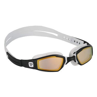 Phelps Ninja Competitive Swim Goggles  Gold Titanium Mirror Lens White  Black Frame  Race Fit Strap System Curved Lens Technology AntiFog UV Protection  The Every Time Adjustable