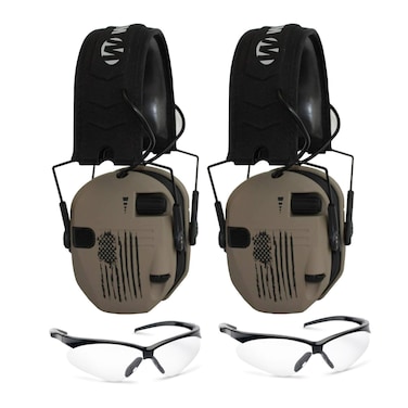 Walkers Razor Slim Electronic Shooting Range Earmuffs Bundle with Glasses US FlagFDE 2Pack 4 Items