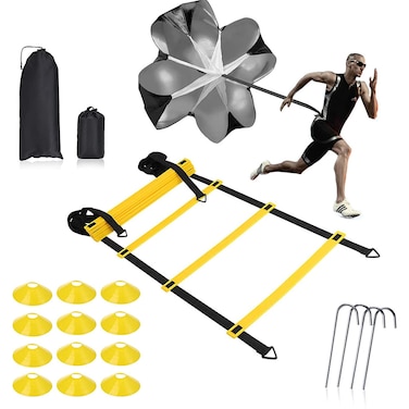 Speed Ladder Agility Training Set  12 Rung 20Ft Agility Ladder 12 Field Cones 4 Steel Stakes Resistance Parachute with Carrying Bag for Soccer Basketball Football Boxing Footwork Sports Training