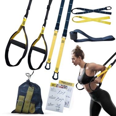 EXERCISE KIT FOR FULL BODY RESISTANCE AND SUSPENSION WORKOUTS FOR INDOORS AND OUTDOORS INCLUDES DOOR ANCHORS OUTDOOR STRAP AND GO BAG
