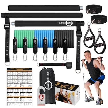 Upgraded Portable Pilates Bar Set Adjustable 465 Inch 3 Section Pilates Bar with Resistance Bands 20 30 40 lbs Home Workout Equipment for Women with 2 Foot and Hand Straps for Legs and Full Body