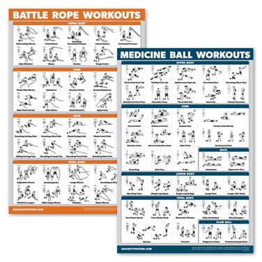 QuickFit 2 Pack  Medicine Ball Workouts and Battle Rope Exercise Poster Set  Set of 2 Fitness Charts Laminated 18 x 27