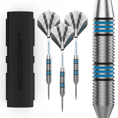Accudart Steel Tip Dart Set 20  Stainless Steel Finish Barrel  Radial Grooves for Various Grip Options  Polycarbonate Shafts  Standard Shape Flights  Tri Fold Case with Front and Back Entry
